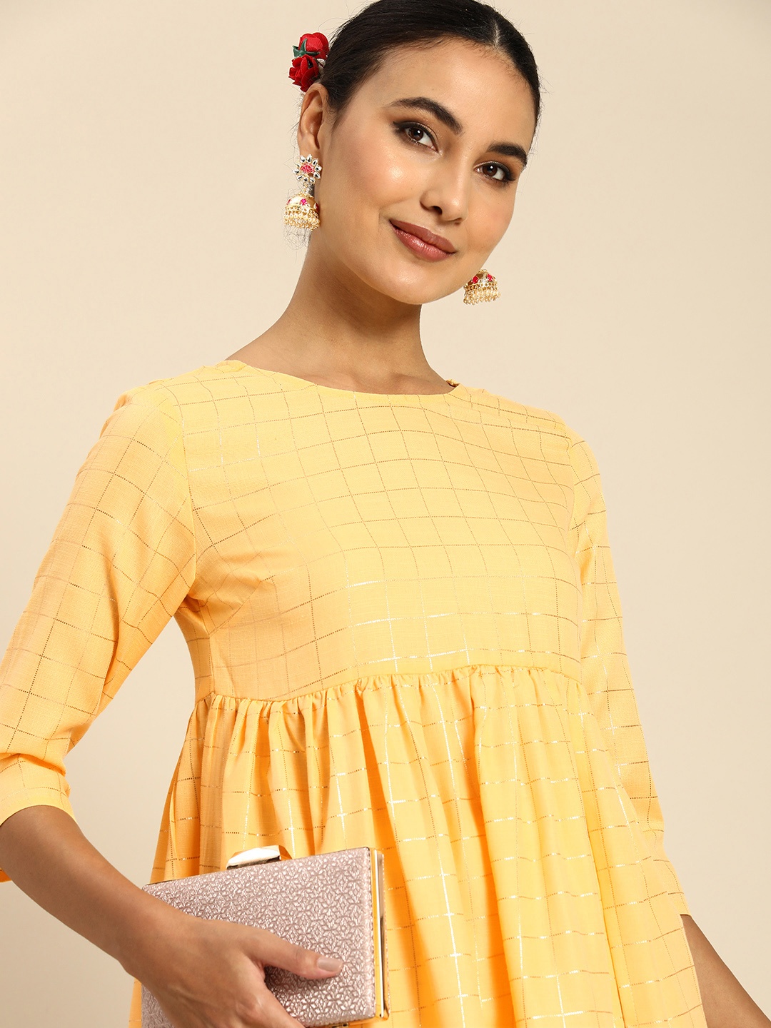 

Anouk Women Checked A-line Kurta With Front Slit, Yellow