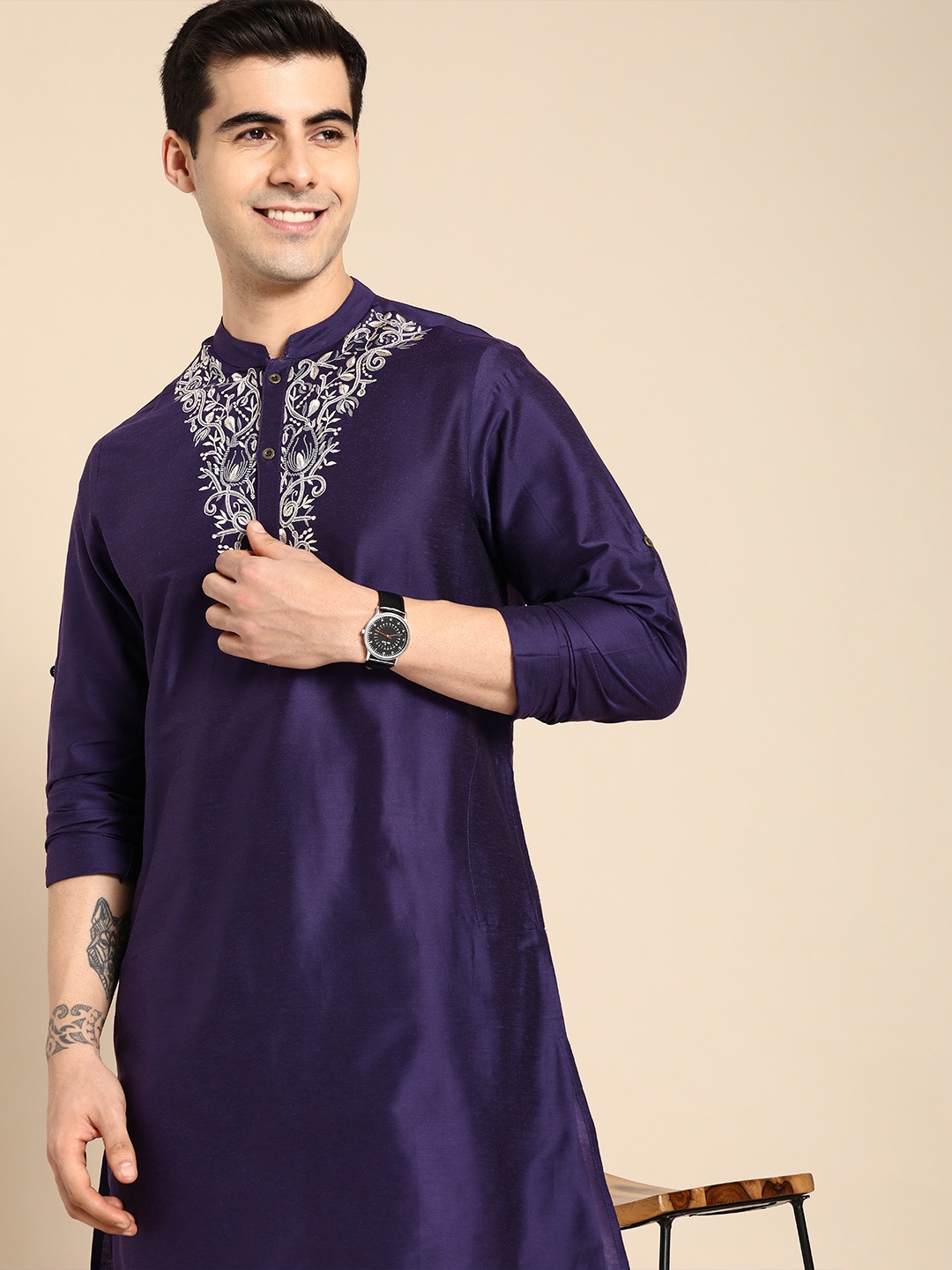 

Anouk Men Navy Blue Ethnic Motifs Yoke Design Embroidery Kurta