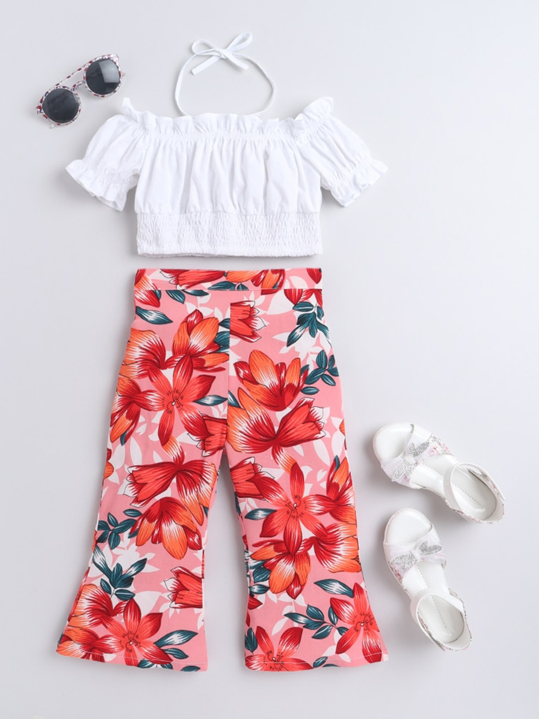 

taffykids Girls Pink & White Printed Crop Top with Trousers