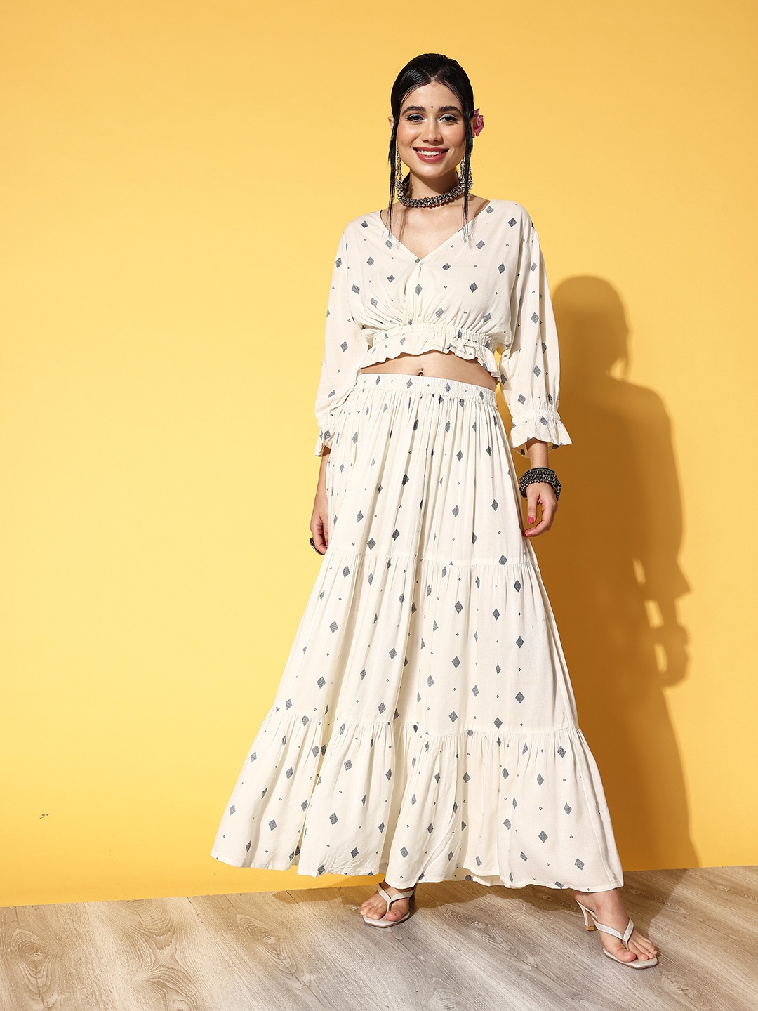 

mokshi Women White Printed Top with Skirt