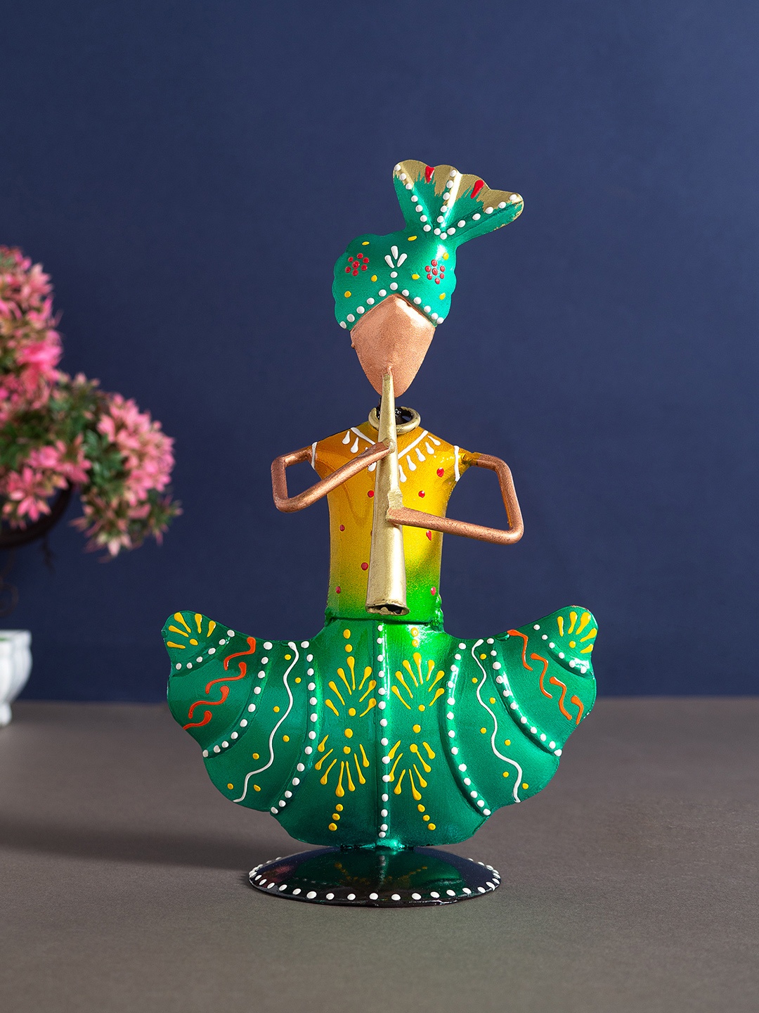 

Golden Peacock Green & Yellow Handcrafted Turban Musicians Showpieces