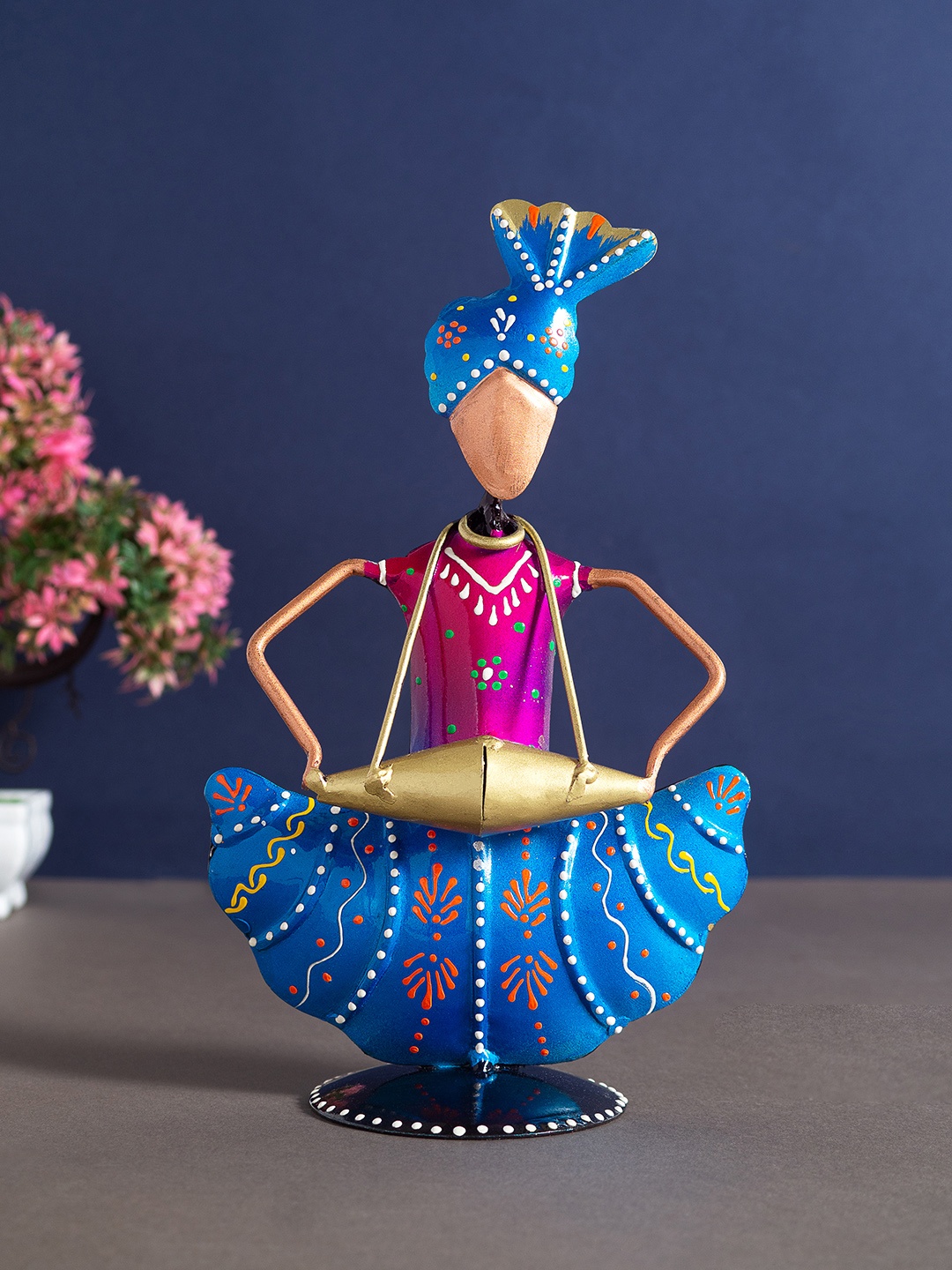 

Golden Peacock Blue & Pink Turban Musicians Showpiece