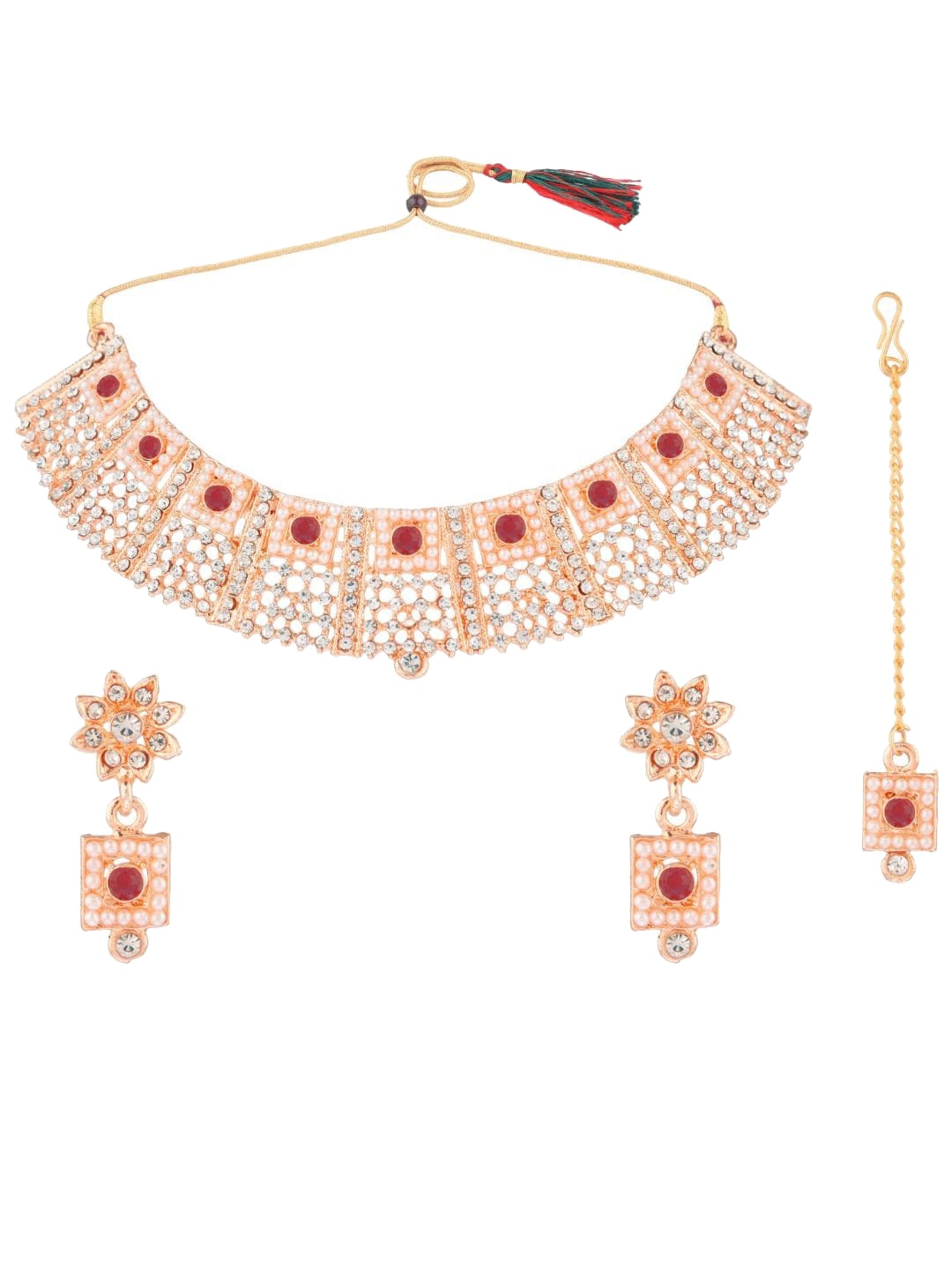 

Efulgenz Gold-Plated & Maroon Crystal-Studded Jewellery Set