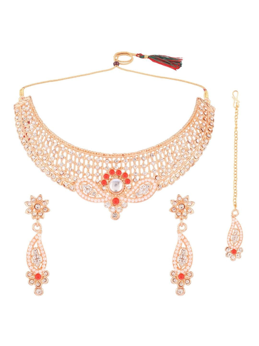 

Efulgenz Gold-Plated Red Crystal Studded & Beaded Jewellery Set