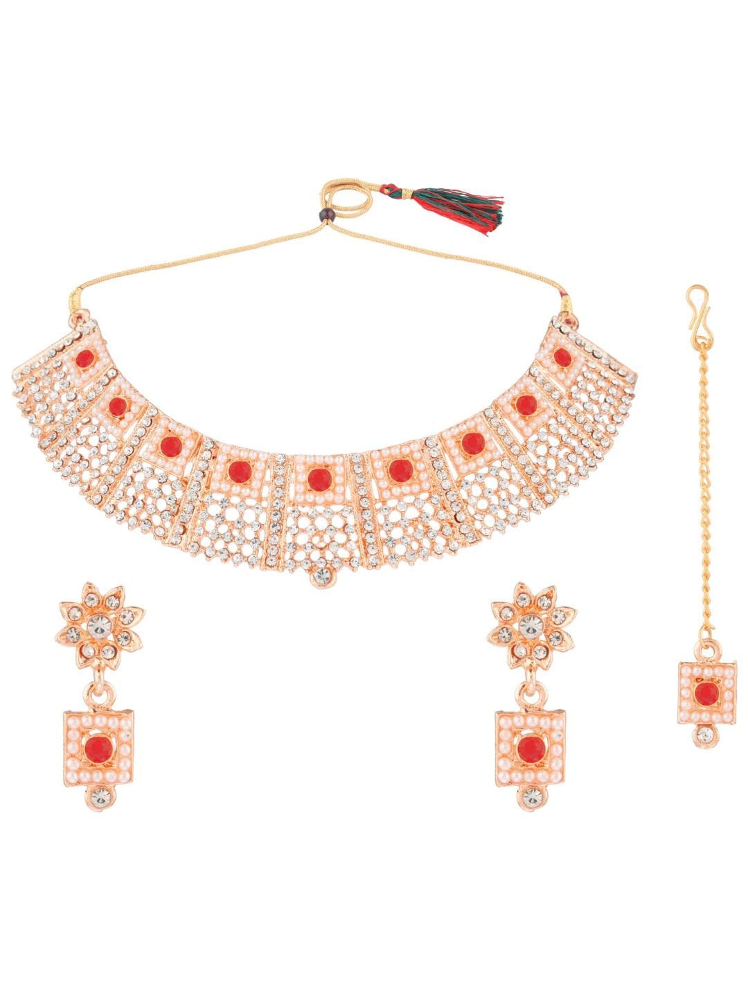 

Efulgenz Gold Plated Red & White Stone Studded Beaded Choker Jewellery Set, Rose gold