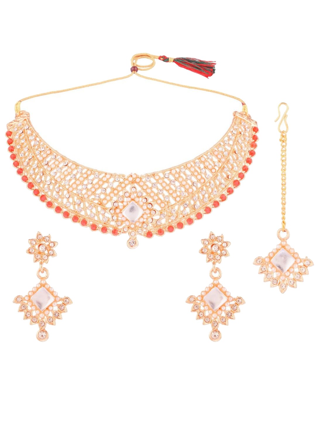 

Efulgenz Gold-Plated & Red Crystal Studded Choker Necklace Jewellery Set