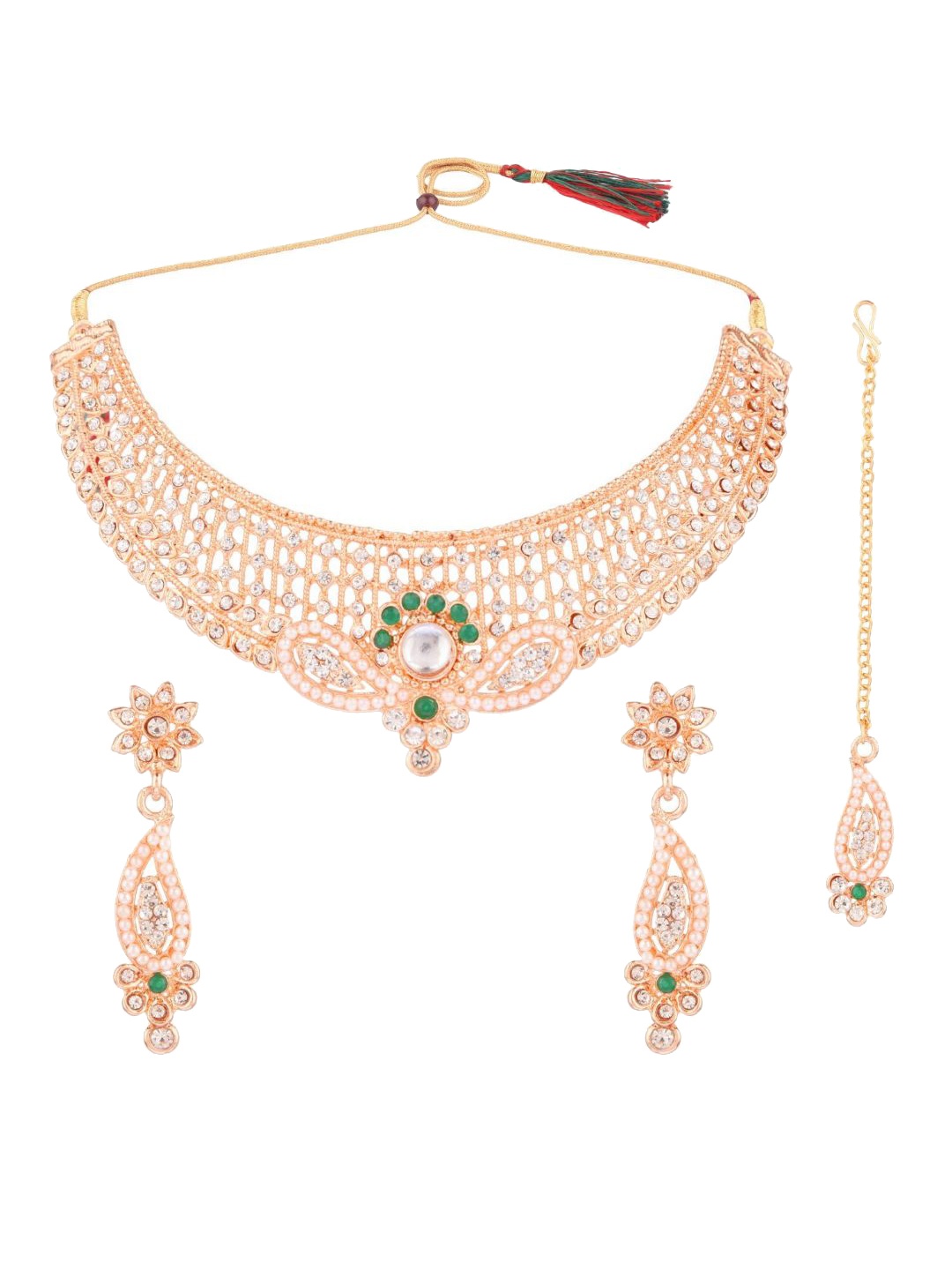 

Efulgenz Gold-Plated Green Stone Studded Jewellery Set