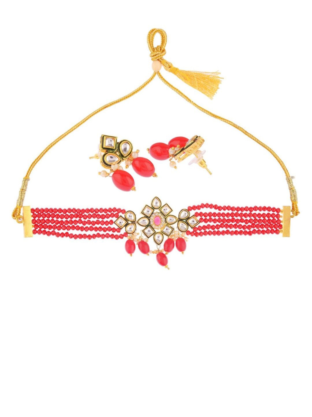 

Efulgenz Red & Gold-Plated Kundan Studded & Beaded Choker Jewellery Set
