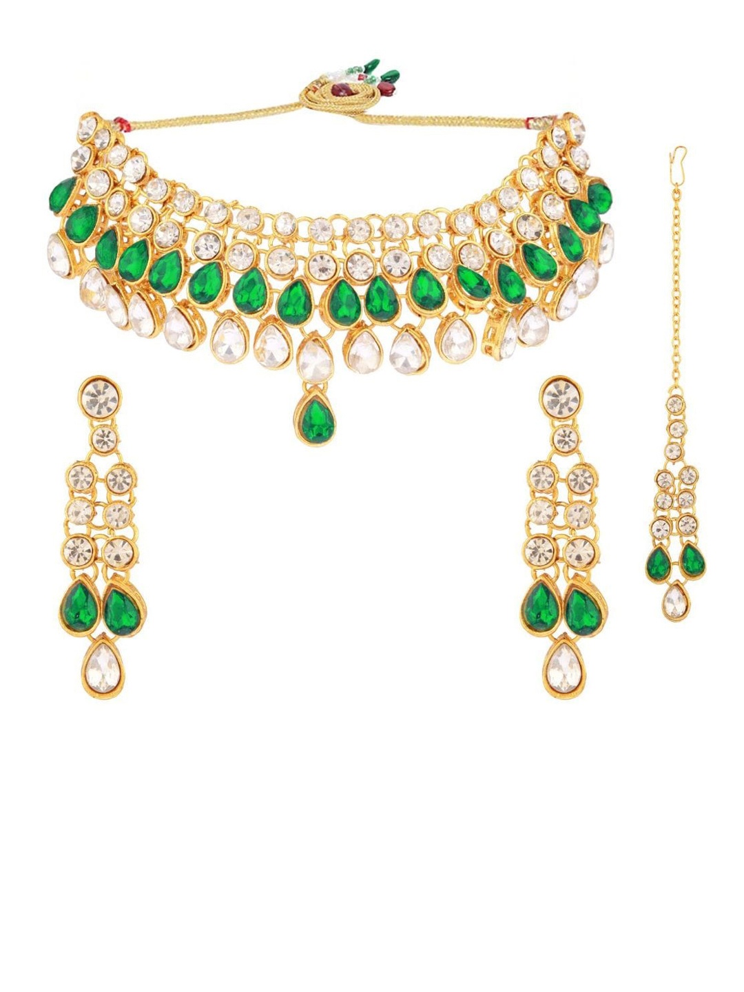 

Efulgenz Women Gold Plated Green & White Kundan Studded Beaded Jewellery Set