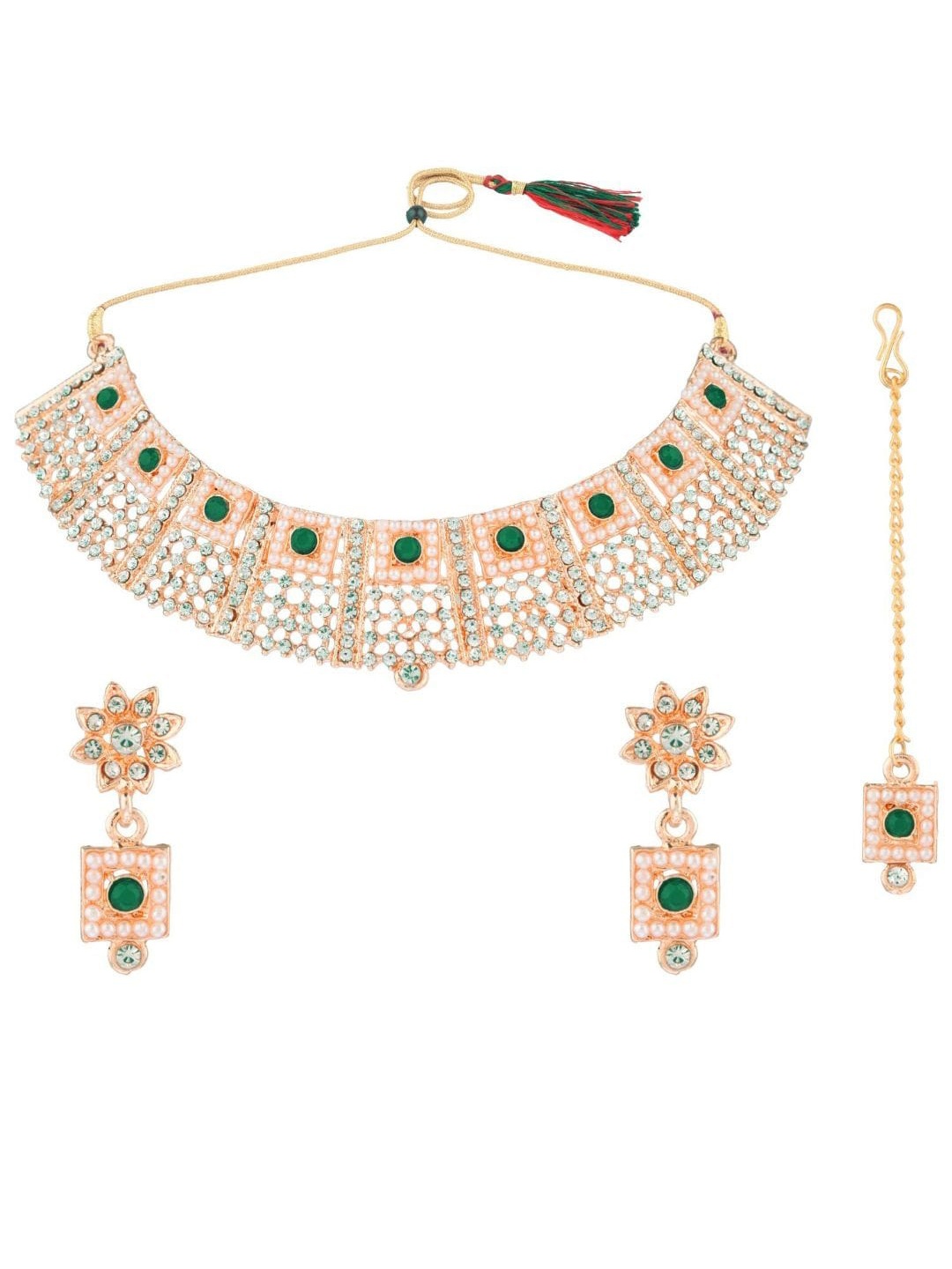 

Efulgenz Gold-Plated Green & White Crystal-Studded Traditional Jewellery Set