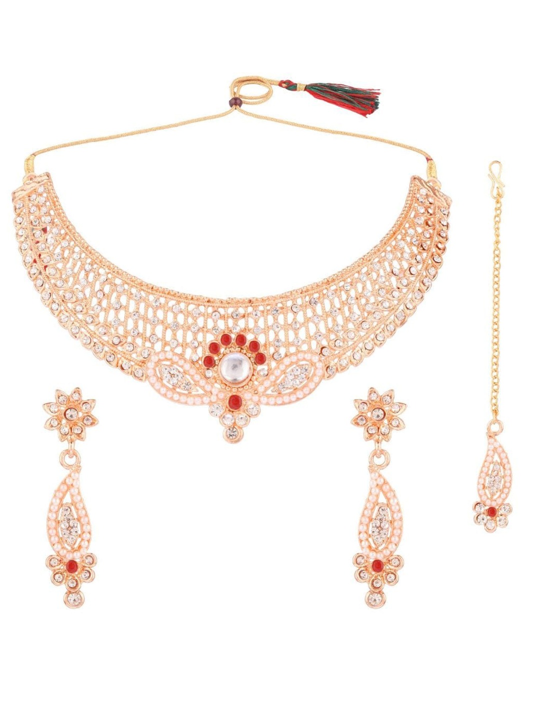 

Efulgenz Gold-Plated Maroon Red Crystal Studded & Beaded Jewellery Set