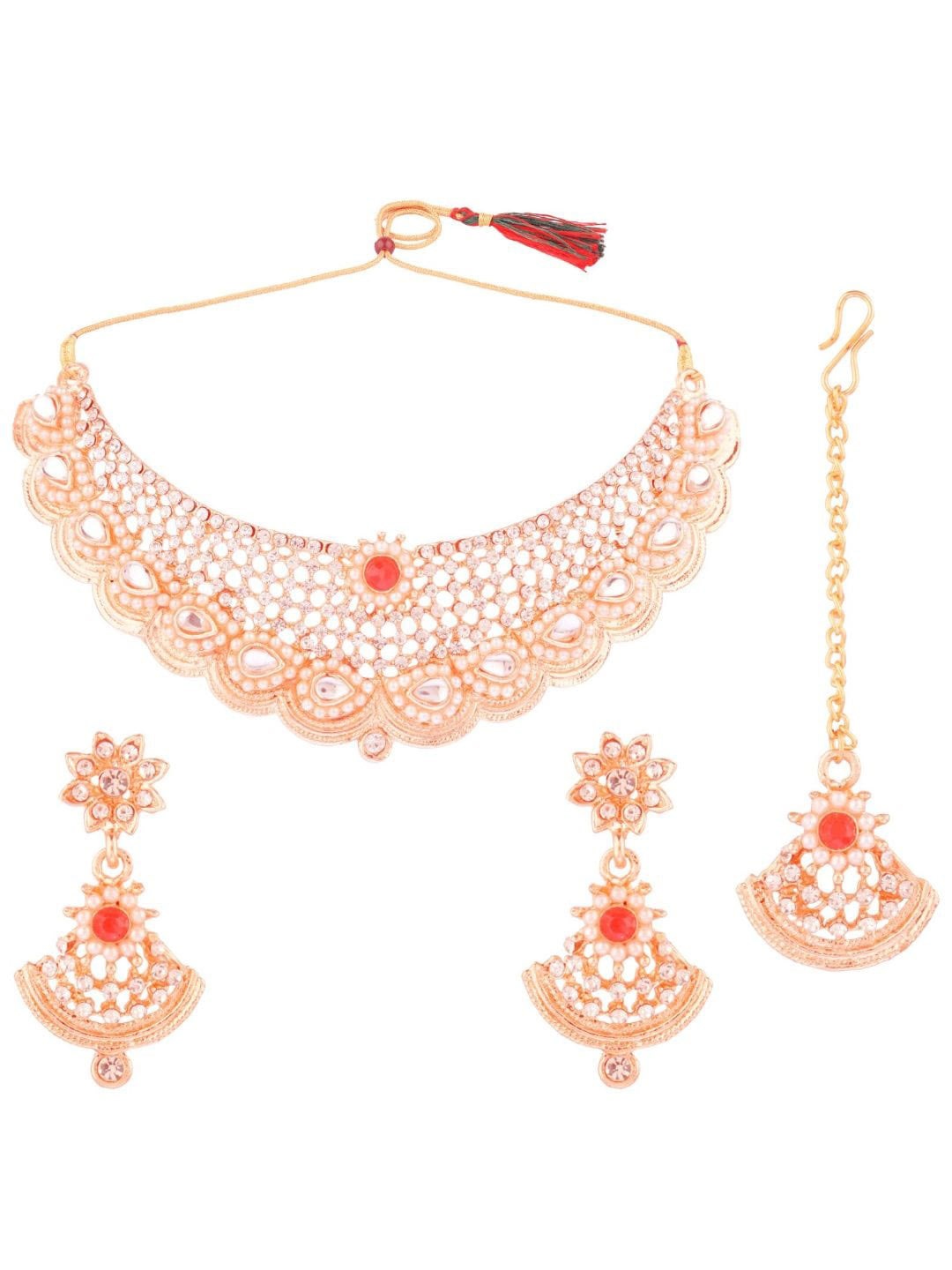 

Efulgenz Gold-Plated White & Red Crystal-Studded Jewellery Set