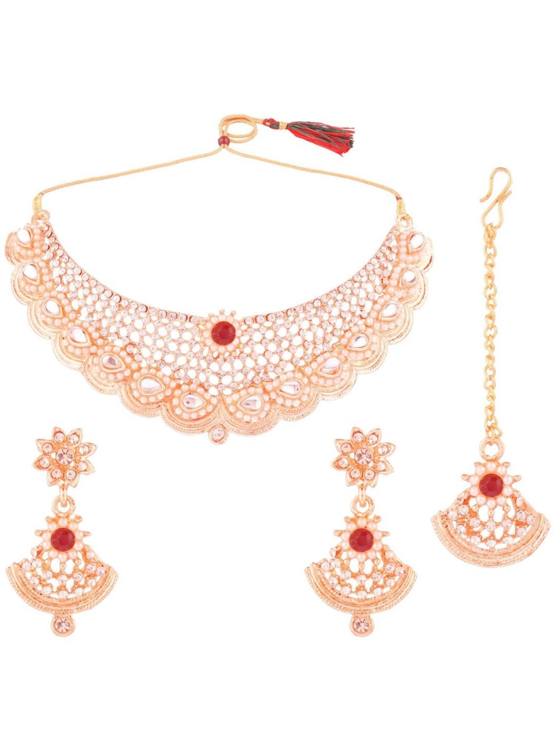 

Efulgenz Gold-Plated White & Maroon Crystal-Studded Jewellery Set