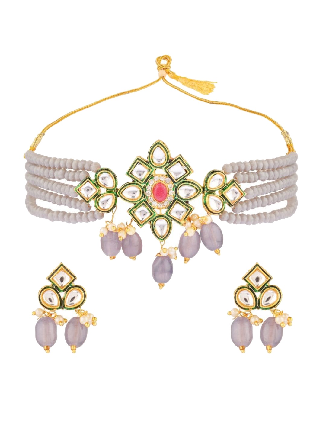 

Efulgenz Gold-Plated & Grey Pearl Beaded Choker Jewellery Set