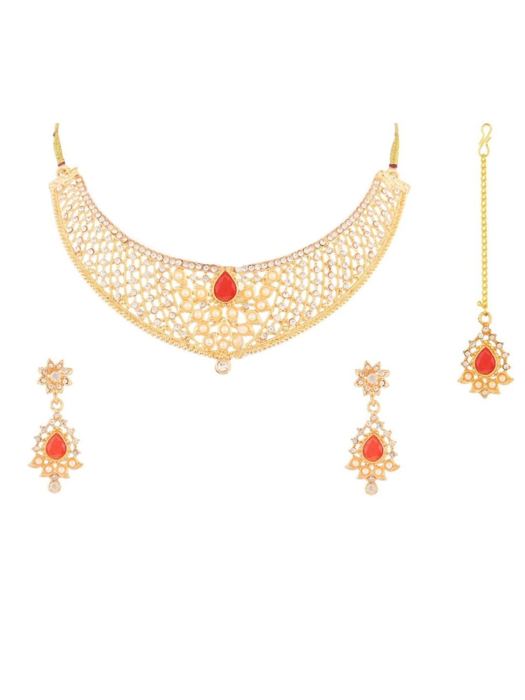 

Efulgenz Gold Plated Red & White Stone Studded Beaded Jewellery Set