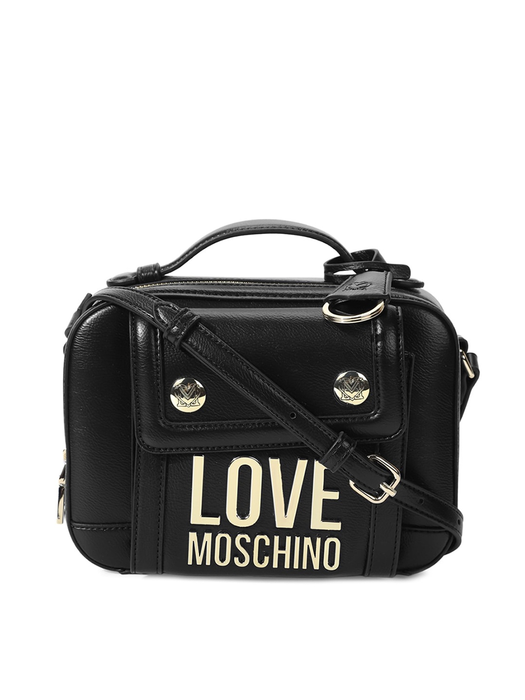 

LOVE MOSCHINO Black Leather Structured Satchel With Applique