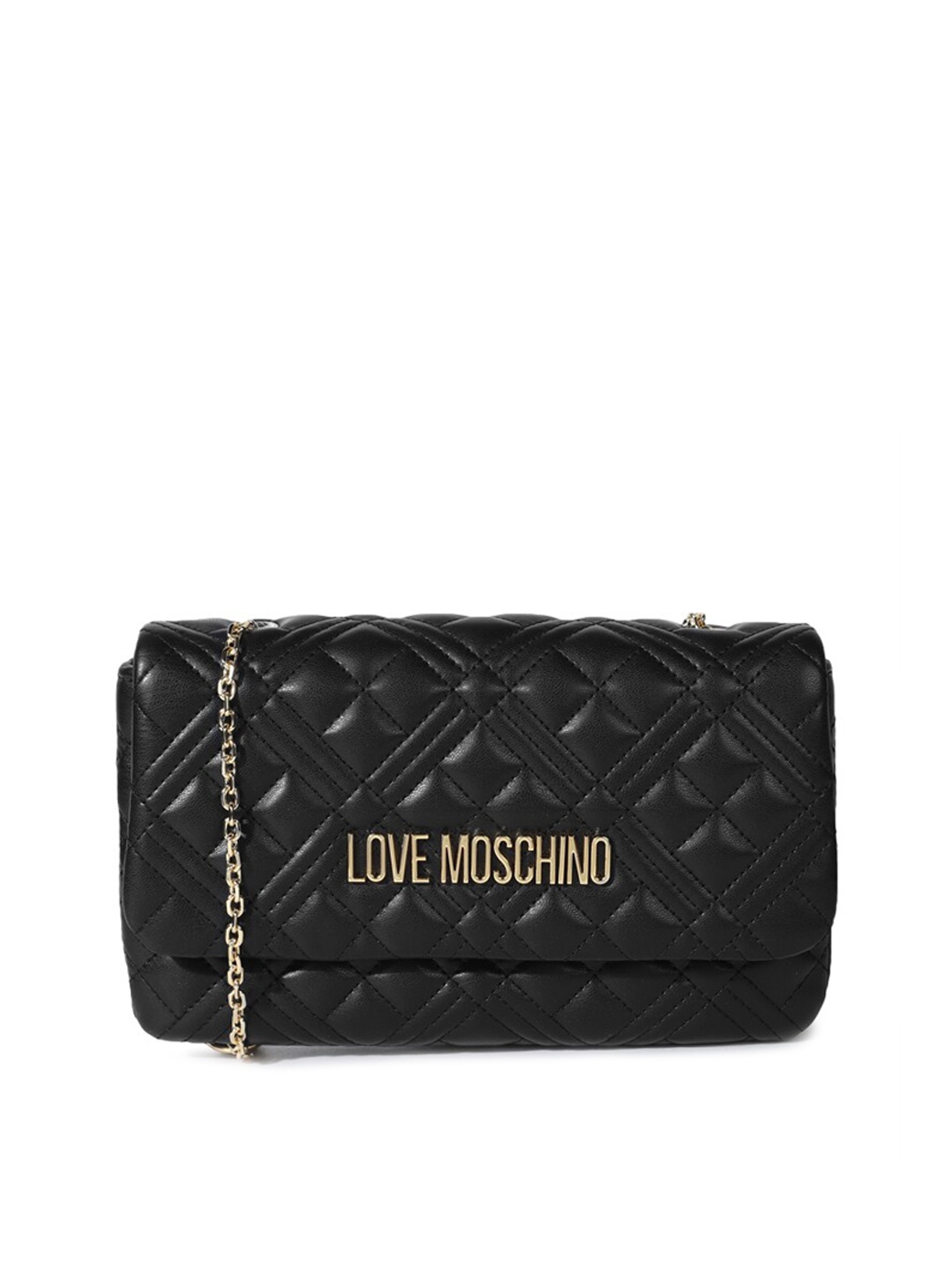 

LOVE MOSCHINO Black Geometric Textured Leather Structured Sling Bag with Quilted