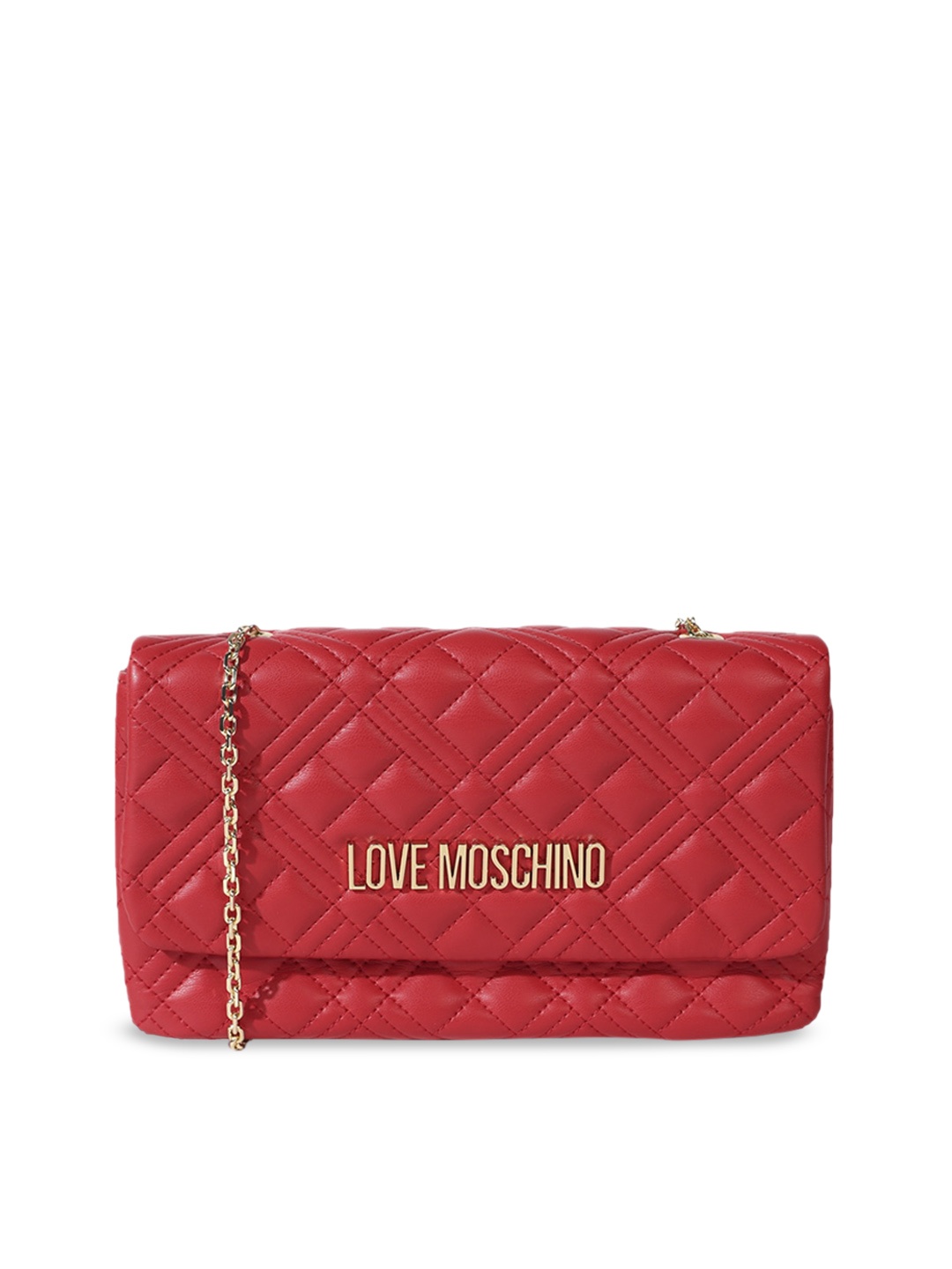 

LOVE MOSCHINO Red Textured Leather Structured Sling Bag with Quilted Flap