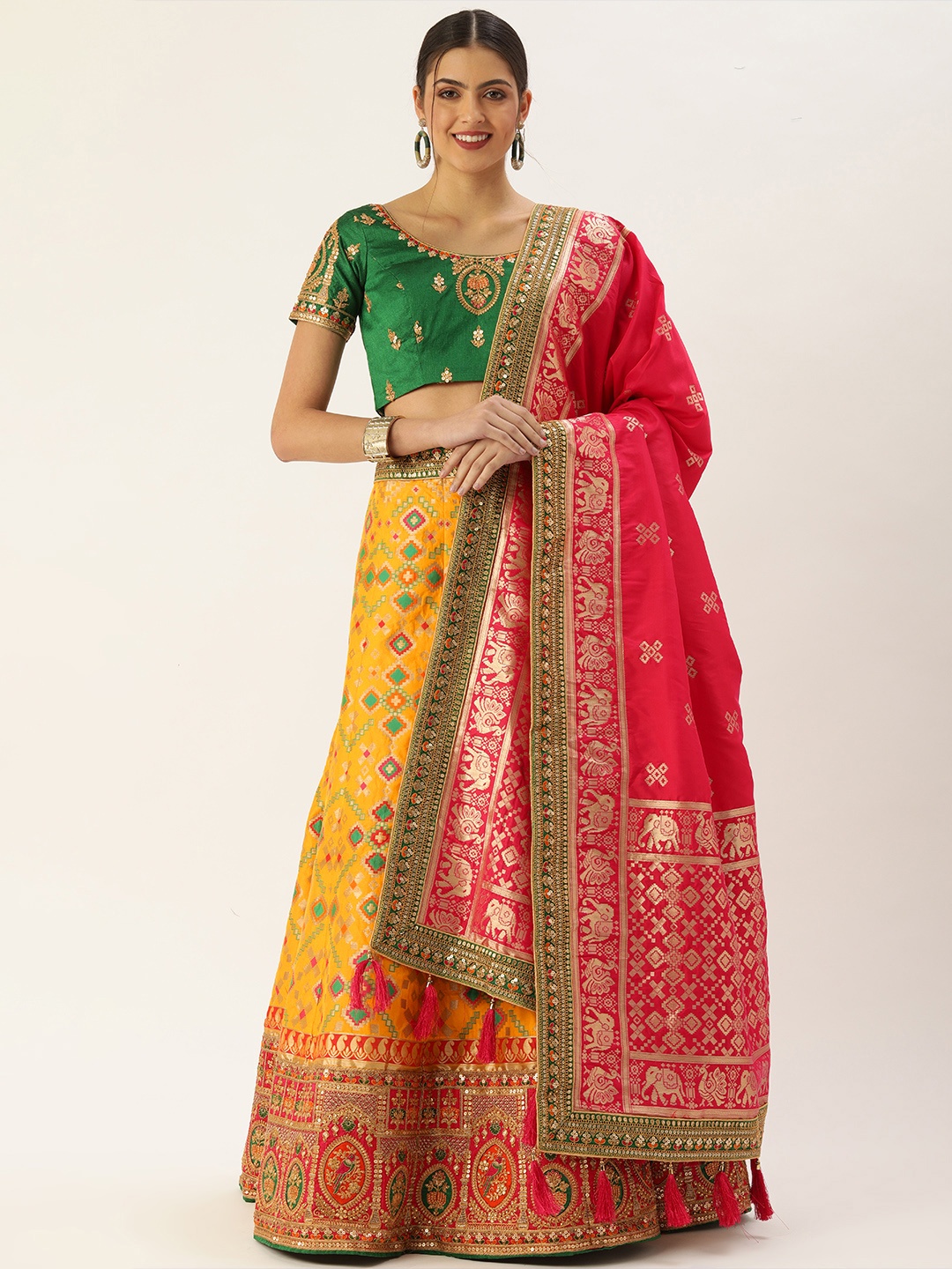 

panchhi Mustard & Green Embroidered Sequinned Semi-Stitched Lehenga & Unstitched Blouse With Dupatta