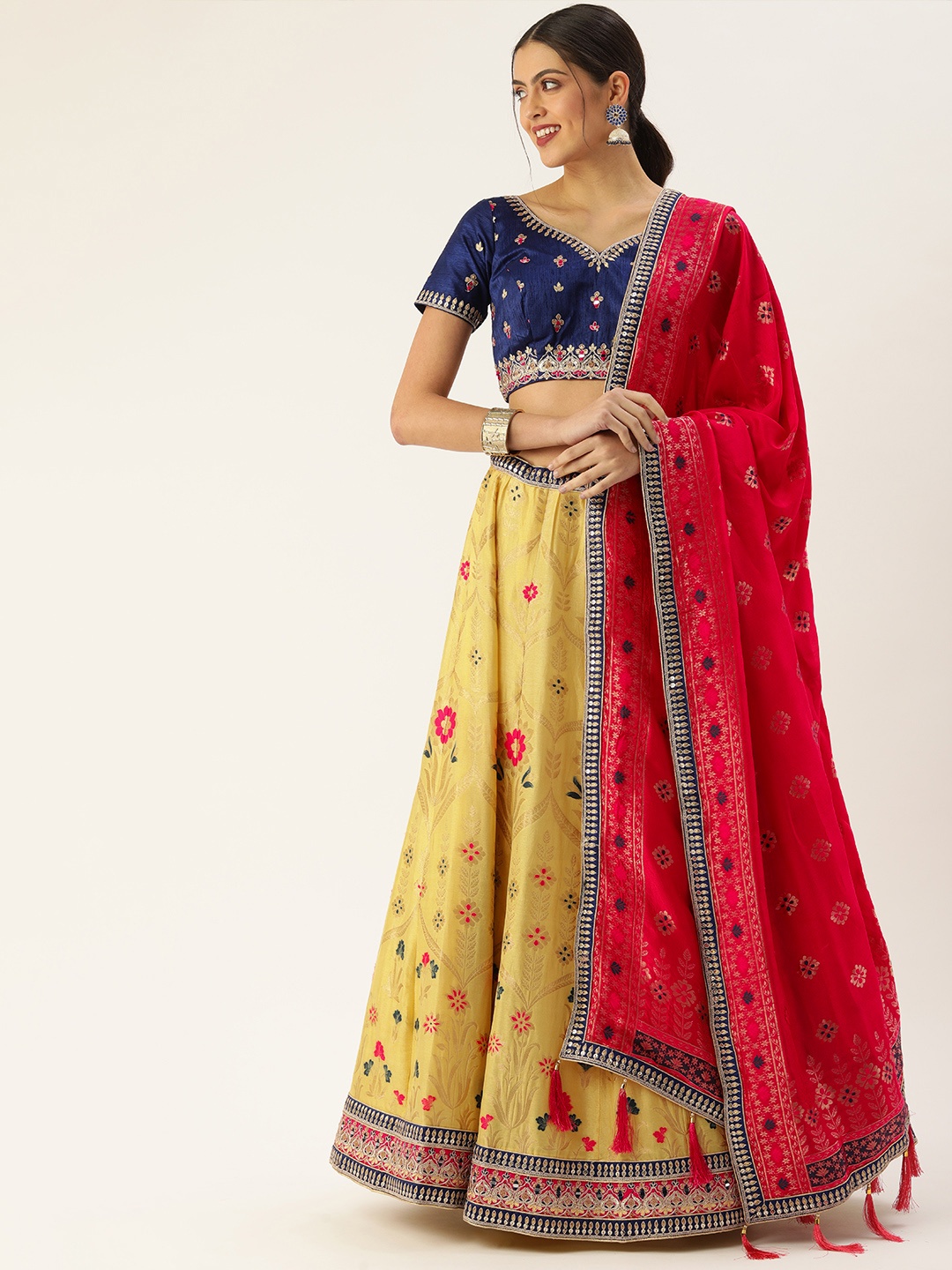 

panchhi Yellow & Purple Embroidered Sequinned Ready to Wear Lehenga & Unstitched Blouse With Dupatta