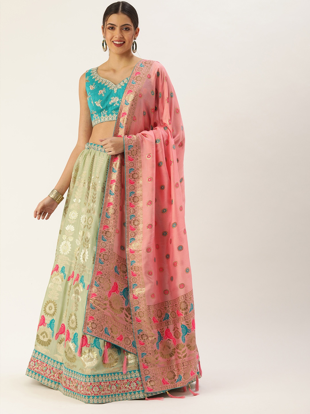 

panchhi Lime Green & Sea Embroidered Semi-Stitched Lehenga & Unstitched Blouse With Dupatta