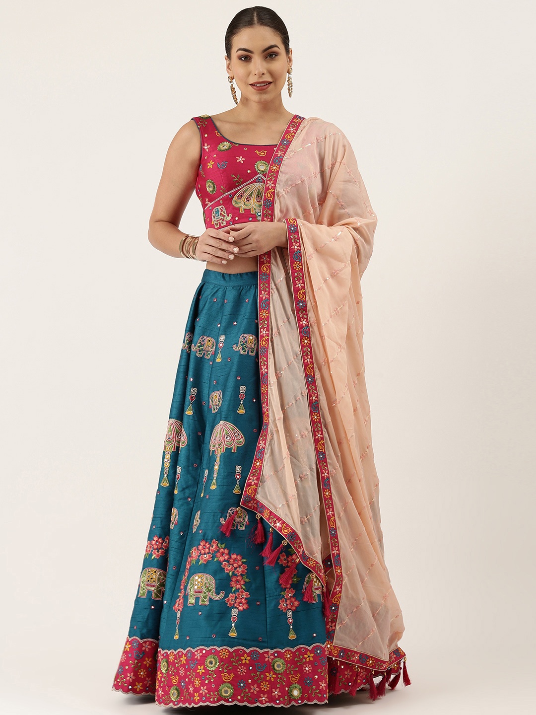 

panchhi Blue & Pink Embellished Semi-Stitched Lehenga & Unstitched Blouse With Dupatta