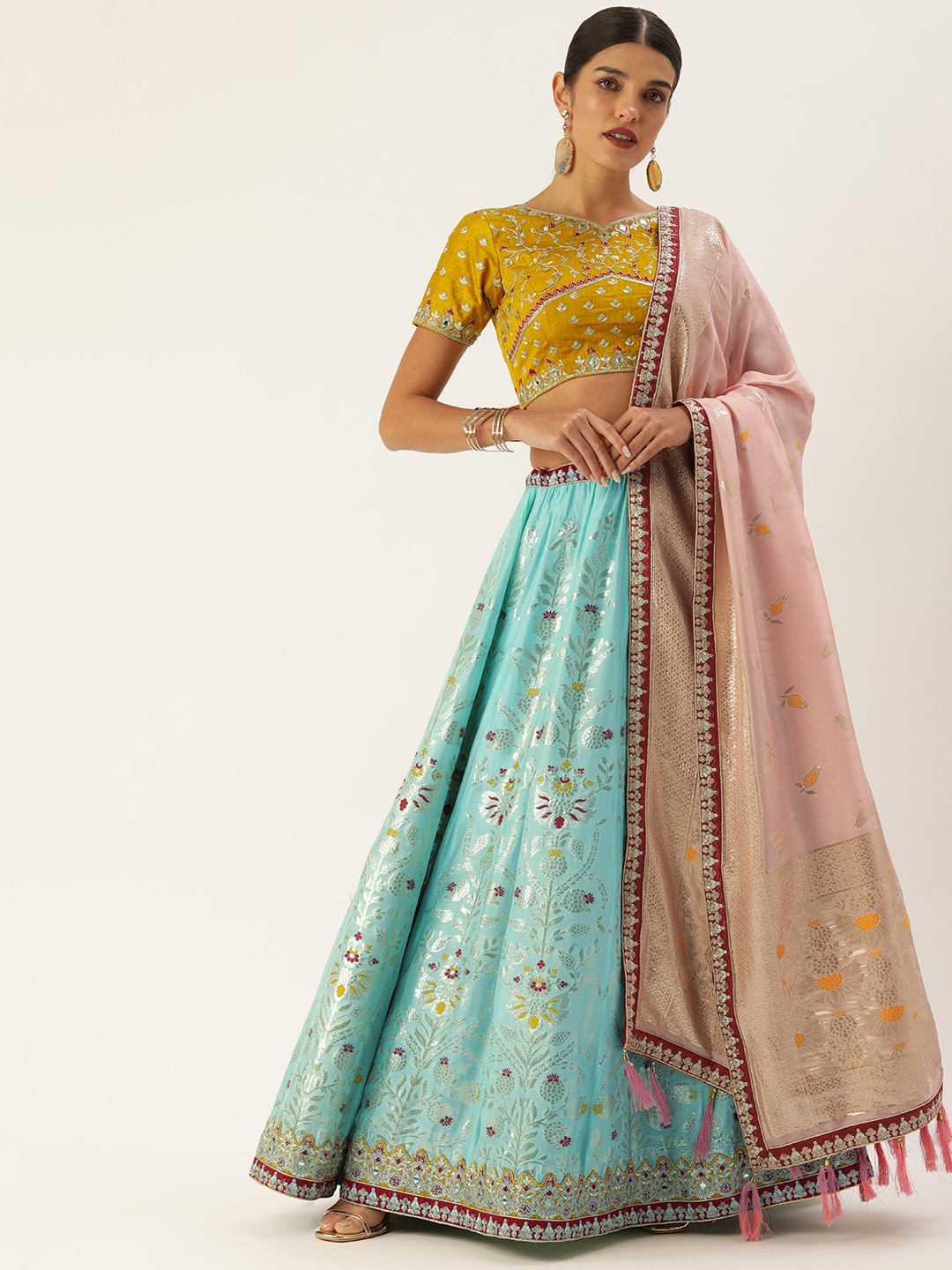 

panchhi Turquoise Blue & Mustard Embroidered Sequinned Semi-Stitched Lehenga Set