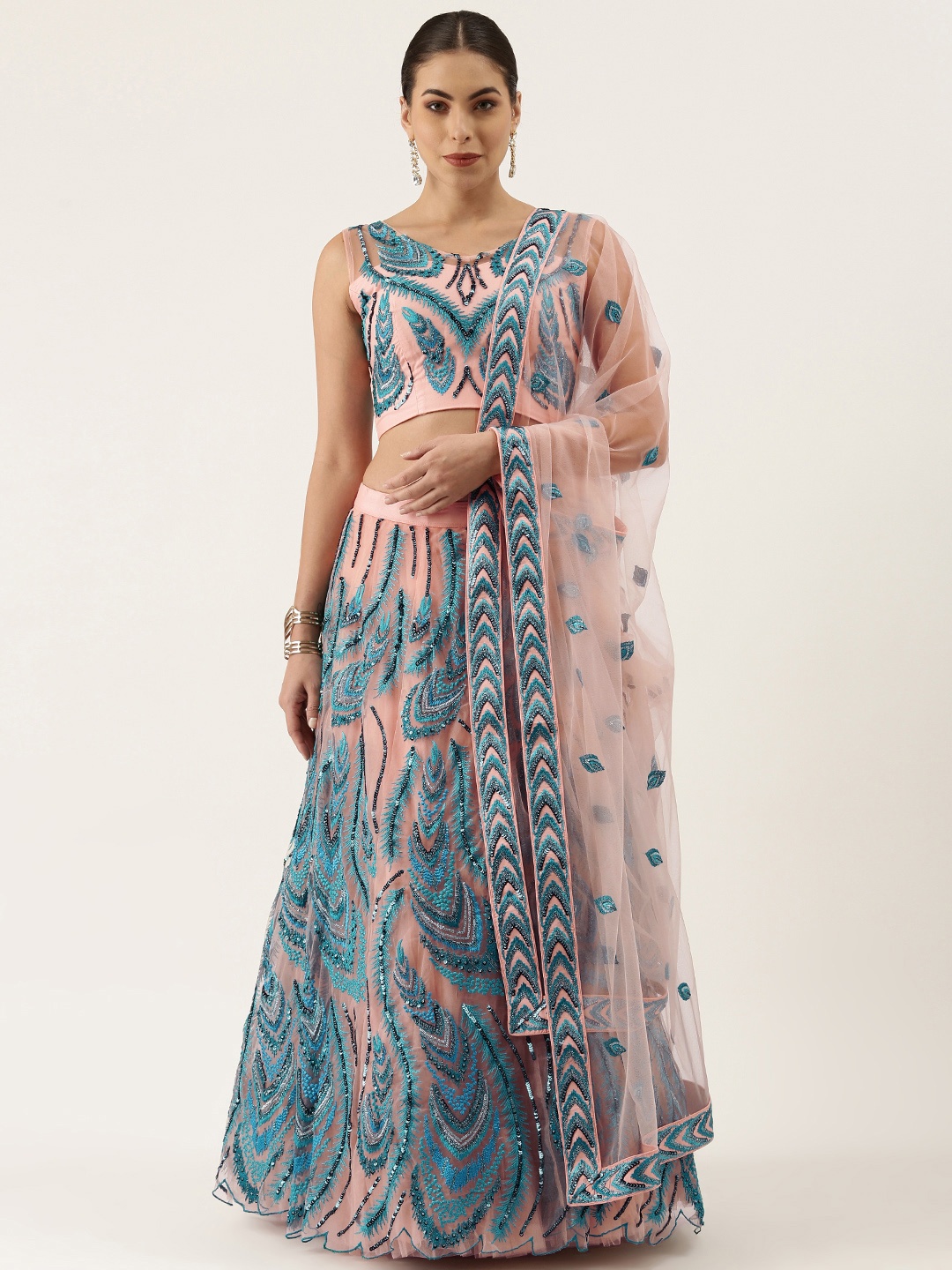 

panchhi Pink & Sea Green Embellished Sequinned Semi-Stitched Lehenga & Ready to Wear Blouse With Dupatta