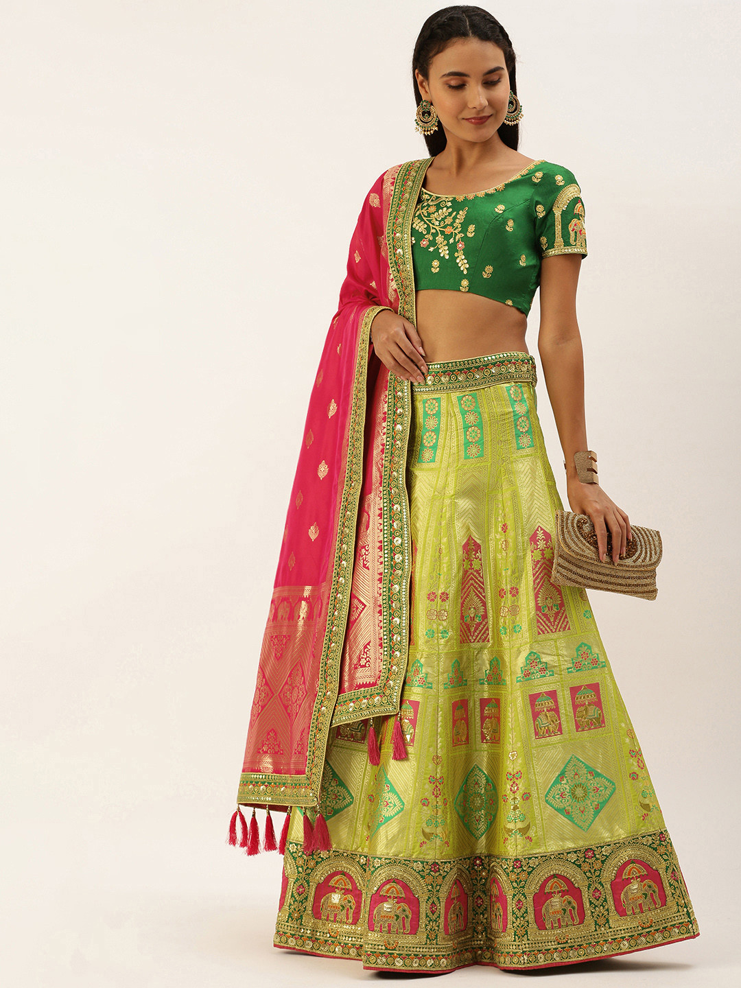 

panchhi Lime Green & Pink Embroidered Semi-Stitched Lehenga & Unstitched Blouse With Dupatta