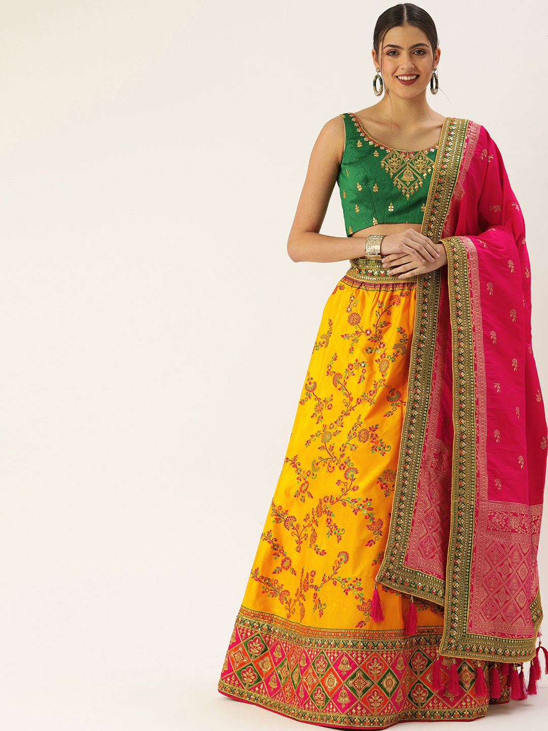

panchhi Mustard & Green Embroidered Sequinned Semi-Stitched Lehenga Set