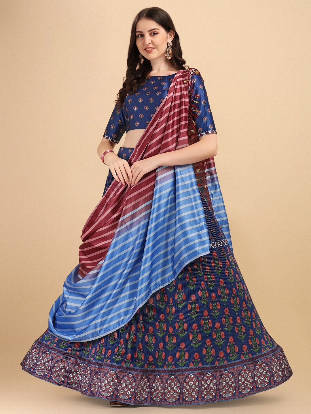 

Fab Viva Women Navy Blue & Maroon Semi-Stitched Lehenga & Unstitched Blouse With Dupatta