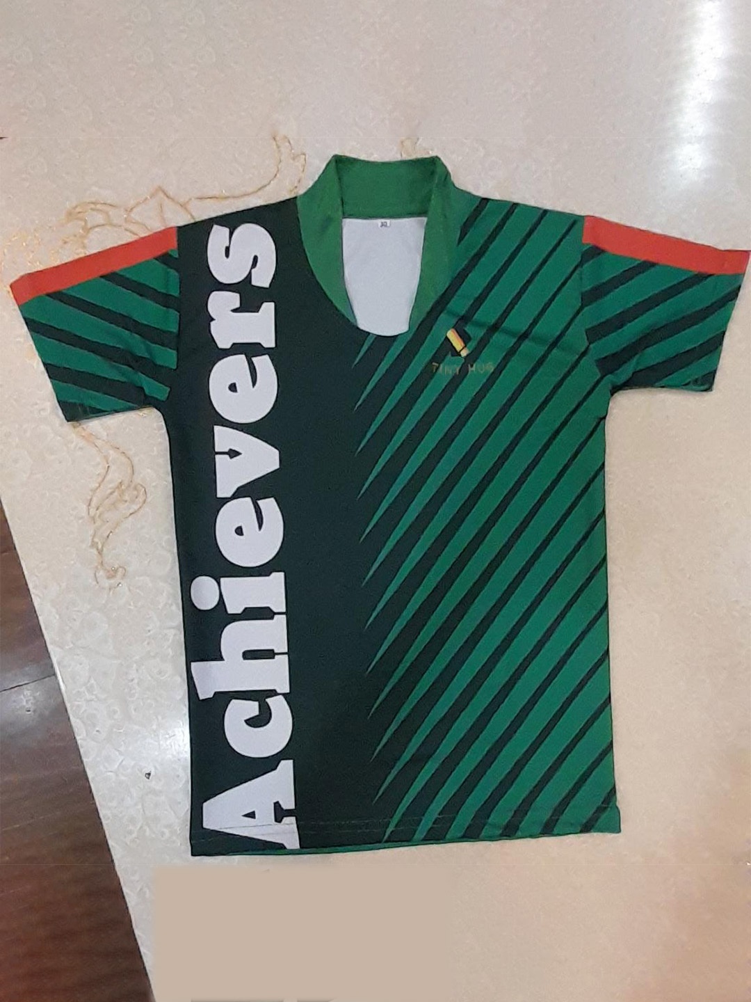 

TINY HUG Boys Green & White Striped V-Neck Dri-FIT T-shirt