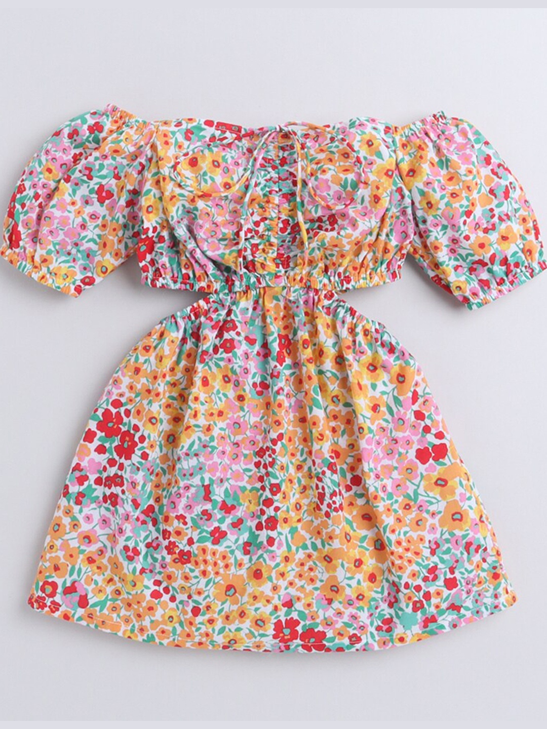 

taffykids Girls Yellow Floral Cotton Off-Shoulder Dress