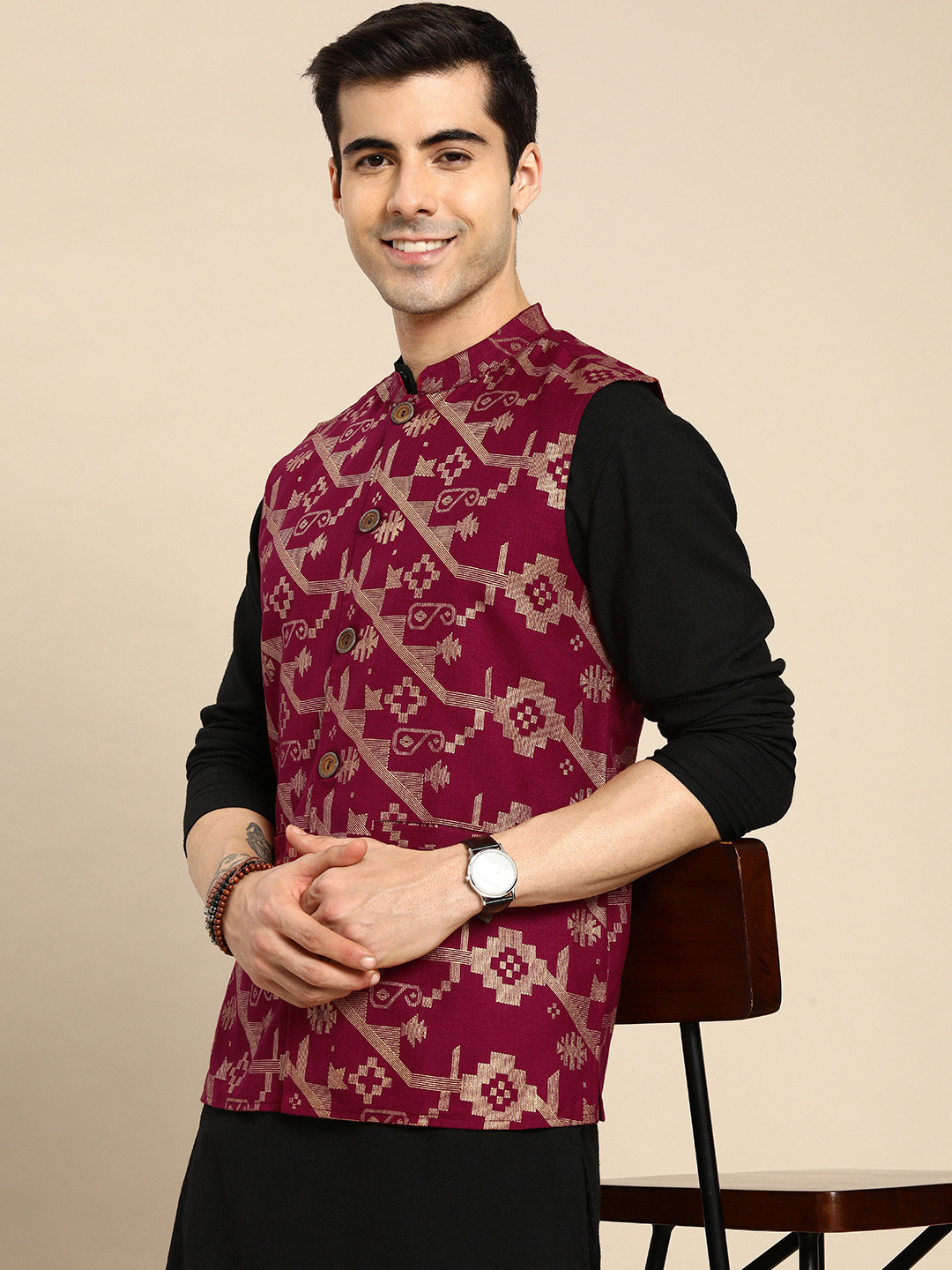 

Anouk Men Maroon & Gold-Toned Printed Nehru Jacket