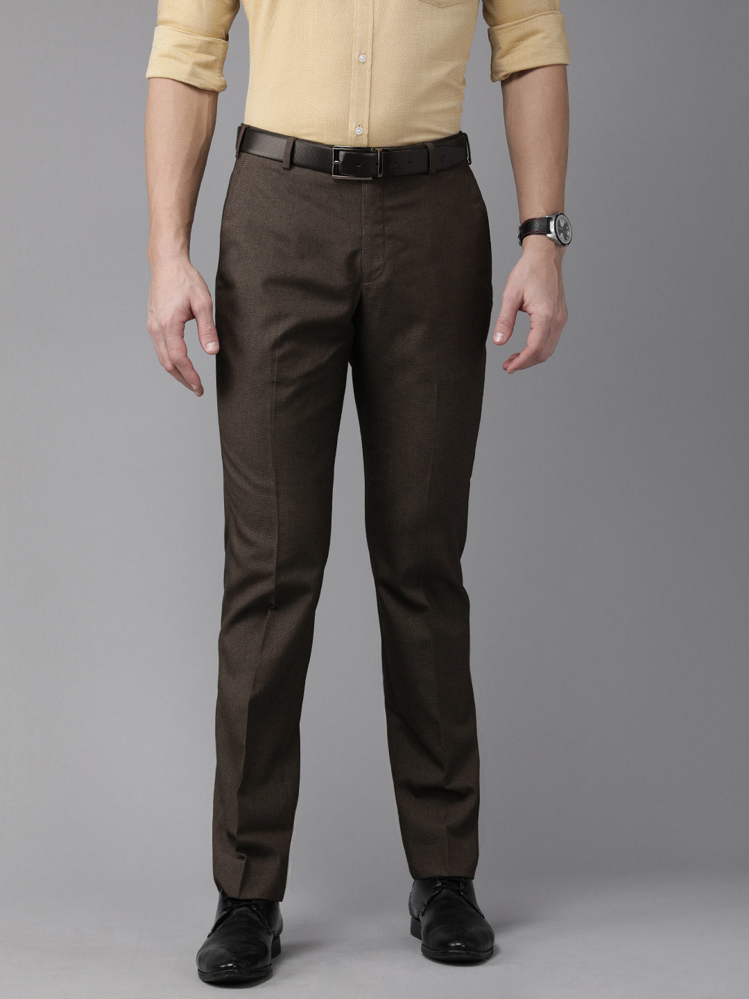

Park Avenue Men Brown Self Designed Mid Rise Formal Trousers