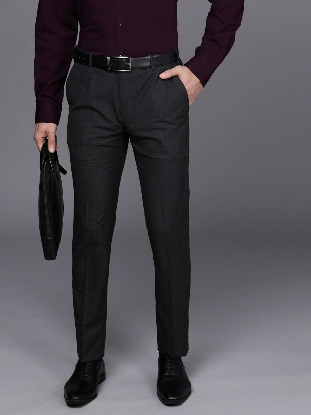 

Raymond Men Black Checked Slim Fit Trousers