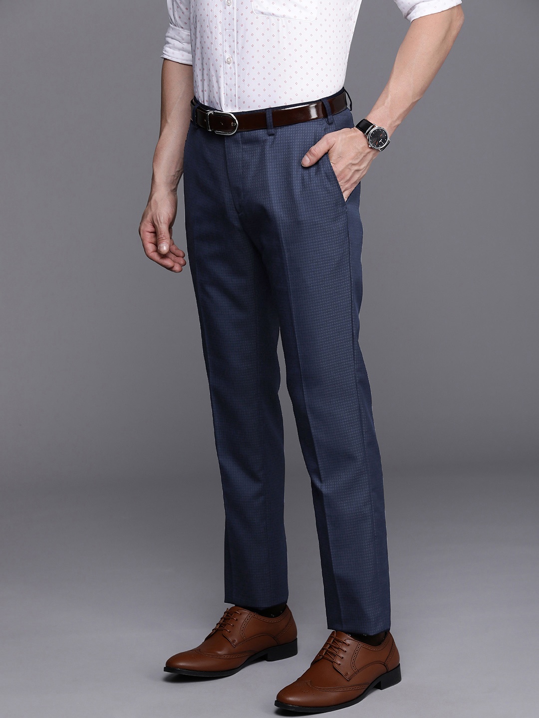 

Raymond Men Navy Blue Checked Slim Fit Trousers