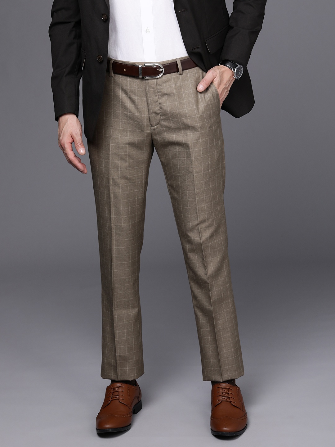 

Raymond Men Beige Checked Slim Fit Trousers