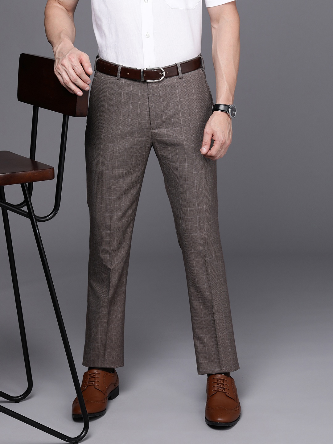 

Raymond Men Beige Checked Slim Fit Trousers
