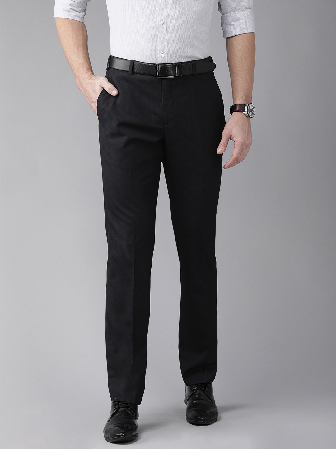 

Park Avenue Men Navy Blue Textured Smart Fit Formal Trousers