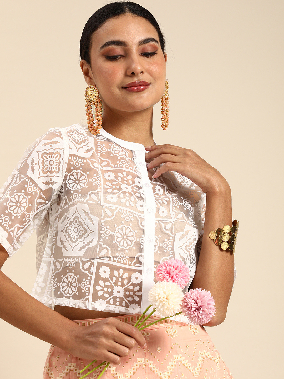 

Anouk White Ethnic Motifs Print Mandarin Collar Regular Sheer Crop Top