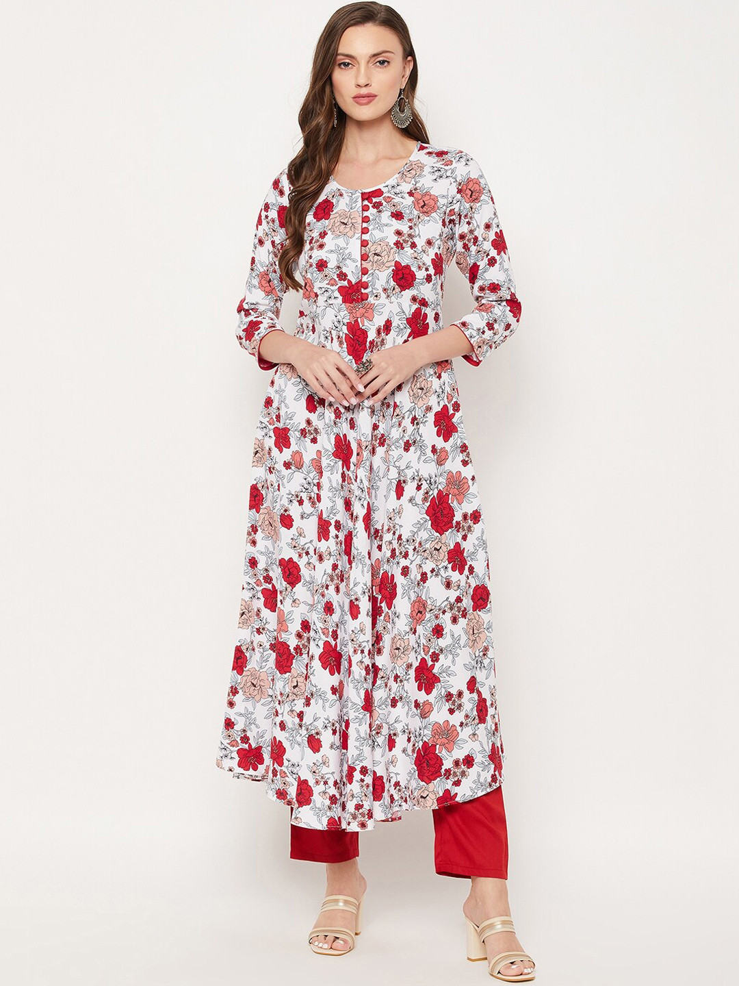 

Tissu Women White Floral Printed Thread Work Floral Anarkali Kurta Plus Size