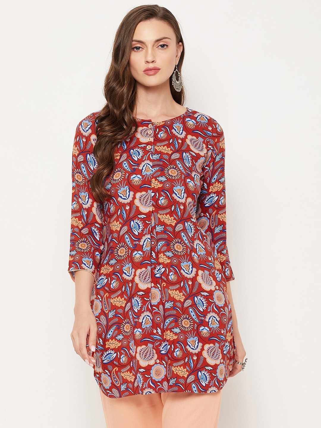 

Tissu Orange & Blue Floral Printed short Kurti