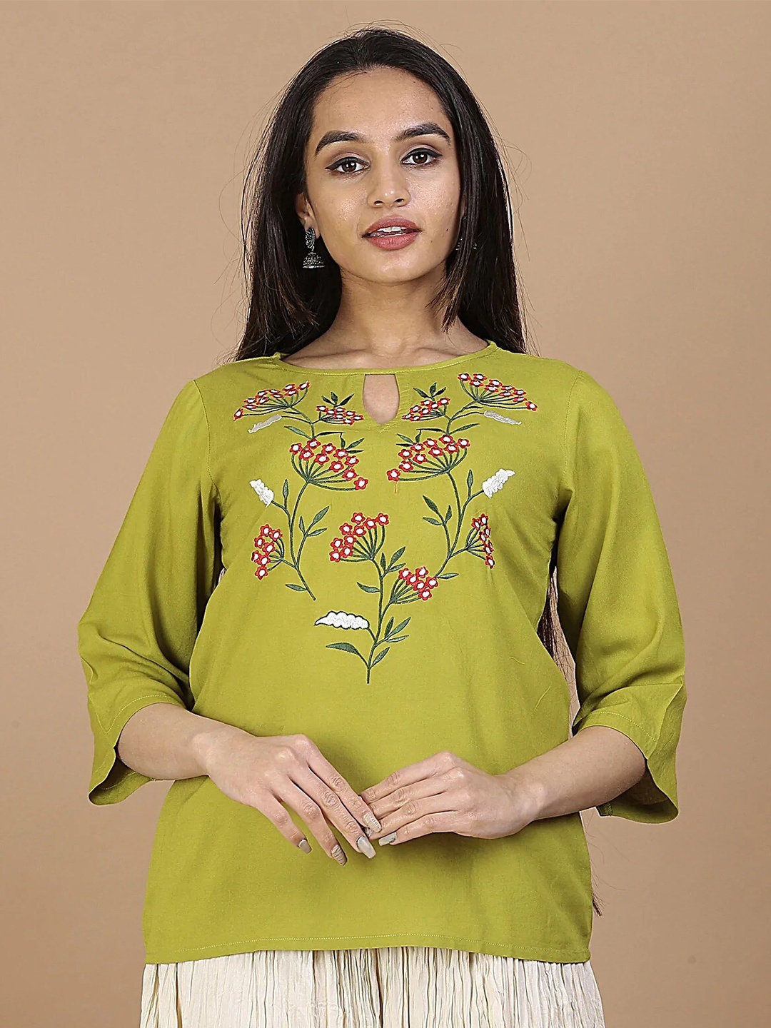 

Rustorange Olive Green Floral Embroidered Keyhole Neck Crepe Top