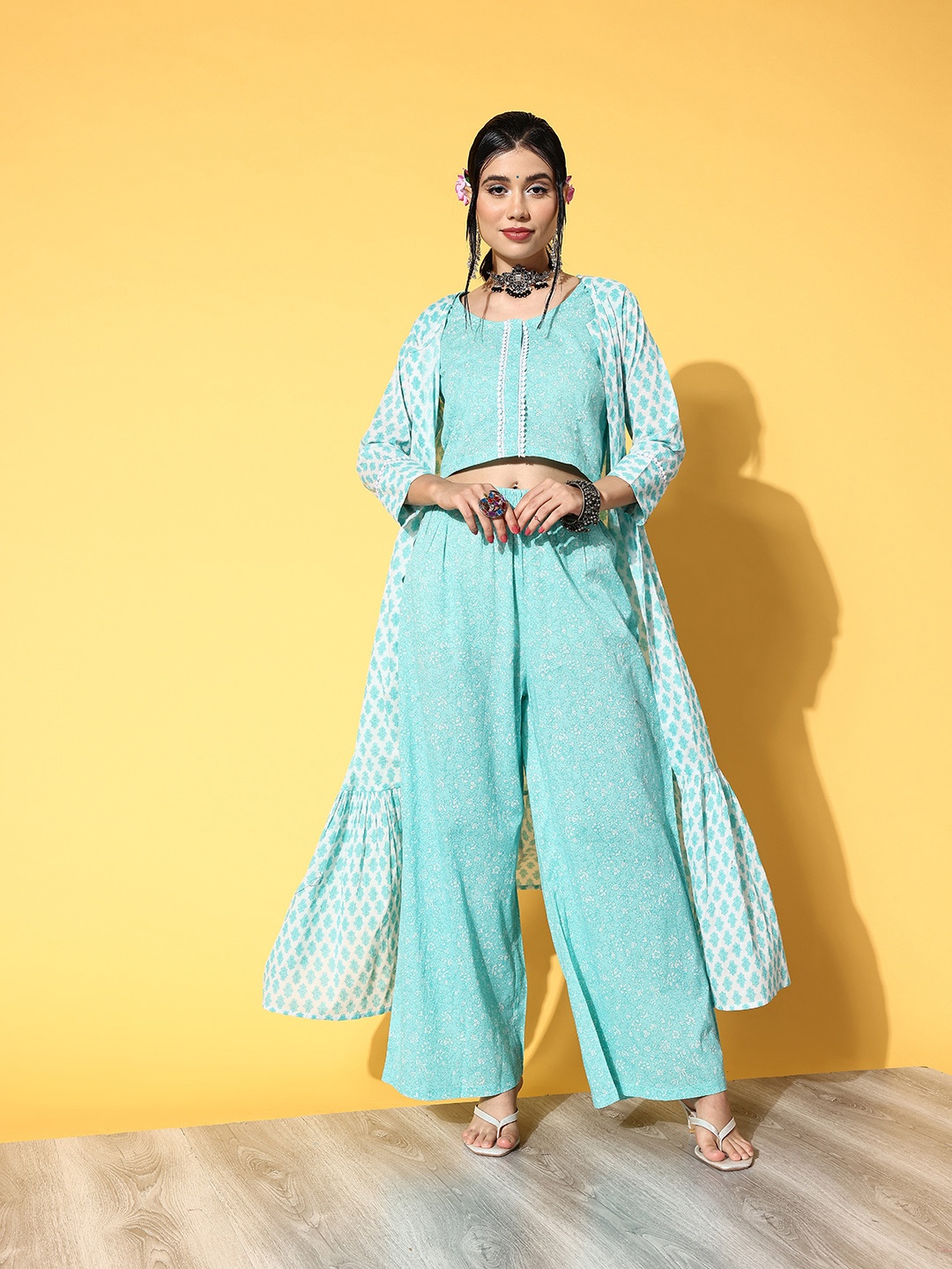 

mokshi Women Ethnic Motifs Pure Cotton Co-Ord Kurta Set, Blue