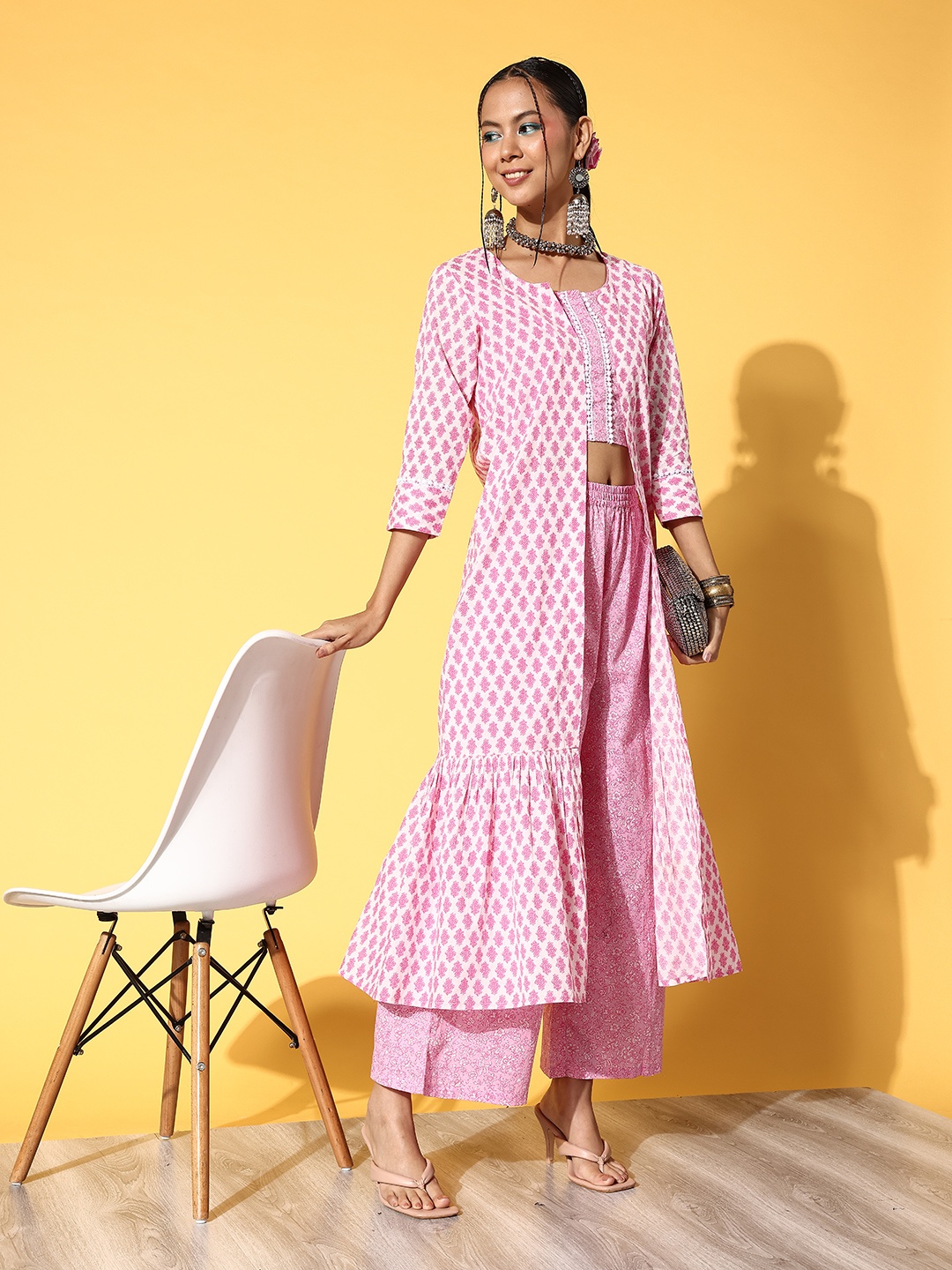 

mokshi Women Ethnic Motifs Pure Cotton Co-Ord Kurta Set, Pink