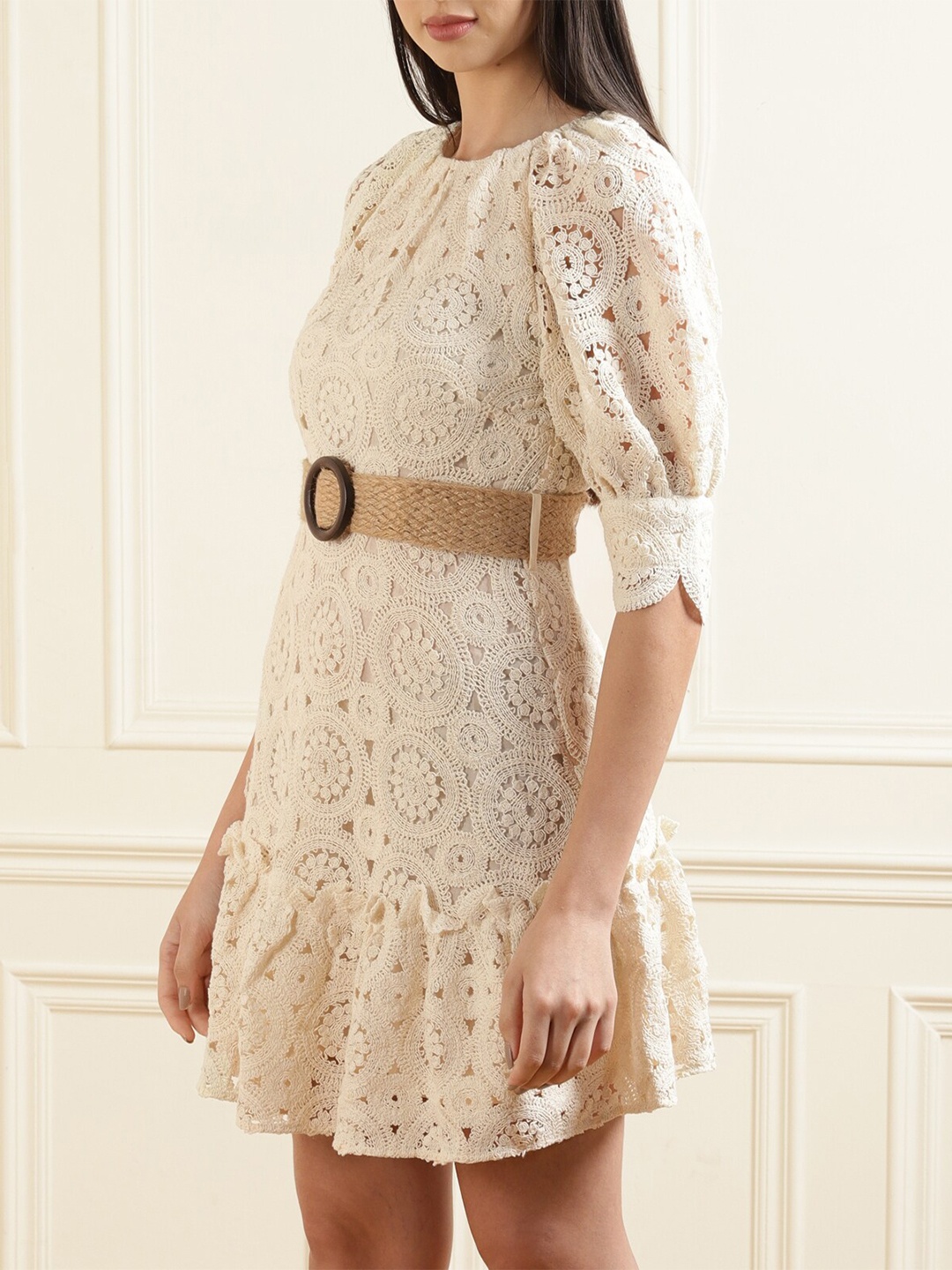 

Ted Baker Women Cream Self Design Belted Dress