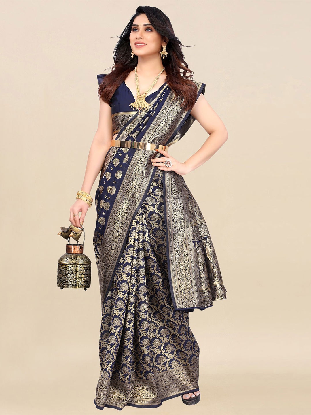 

Satrani Blue & Gold-Toned Woven Design Zari Banarasi Saree