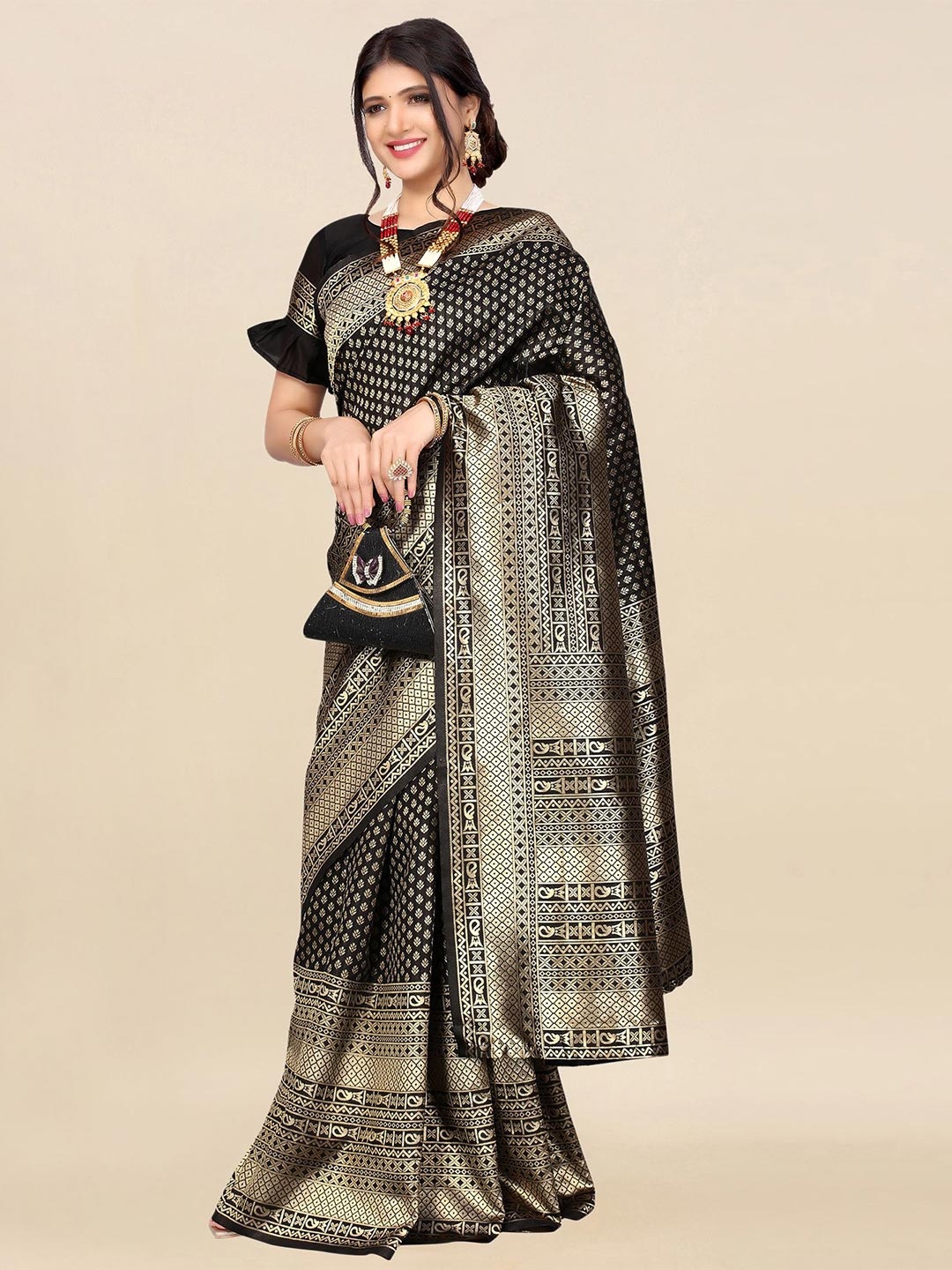 

Satrani Black & Gold-Toned Woven Design Zari Banarasi Saree