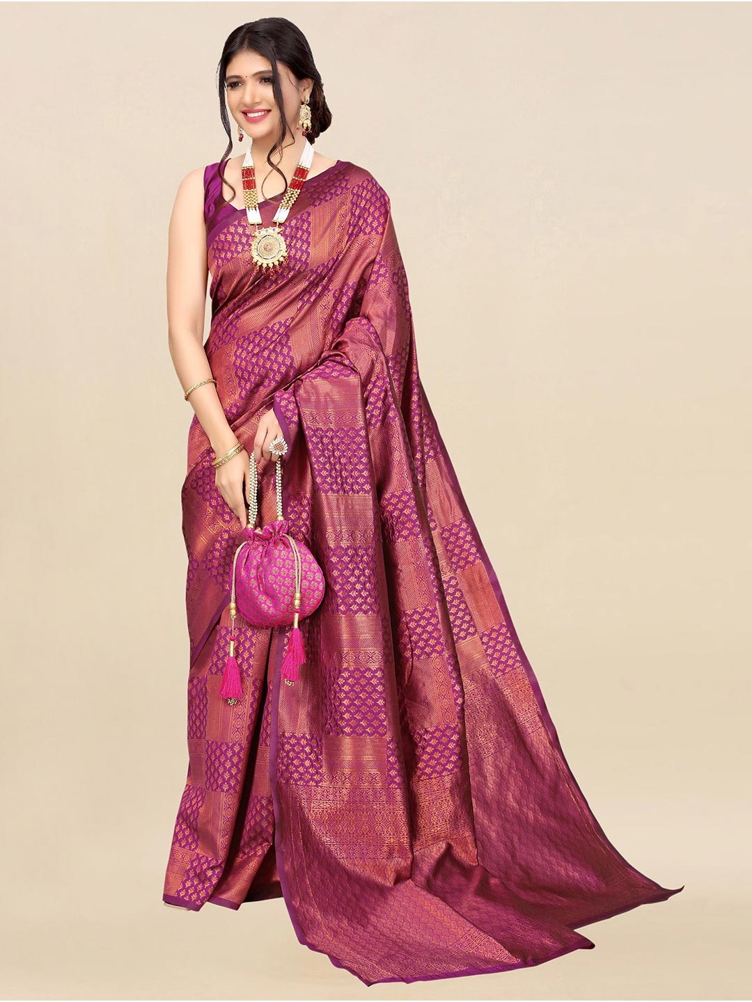 

Satrani Purple & Gold-Toned Woven Design Zari Banarasi Saree